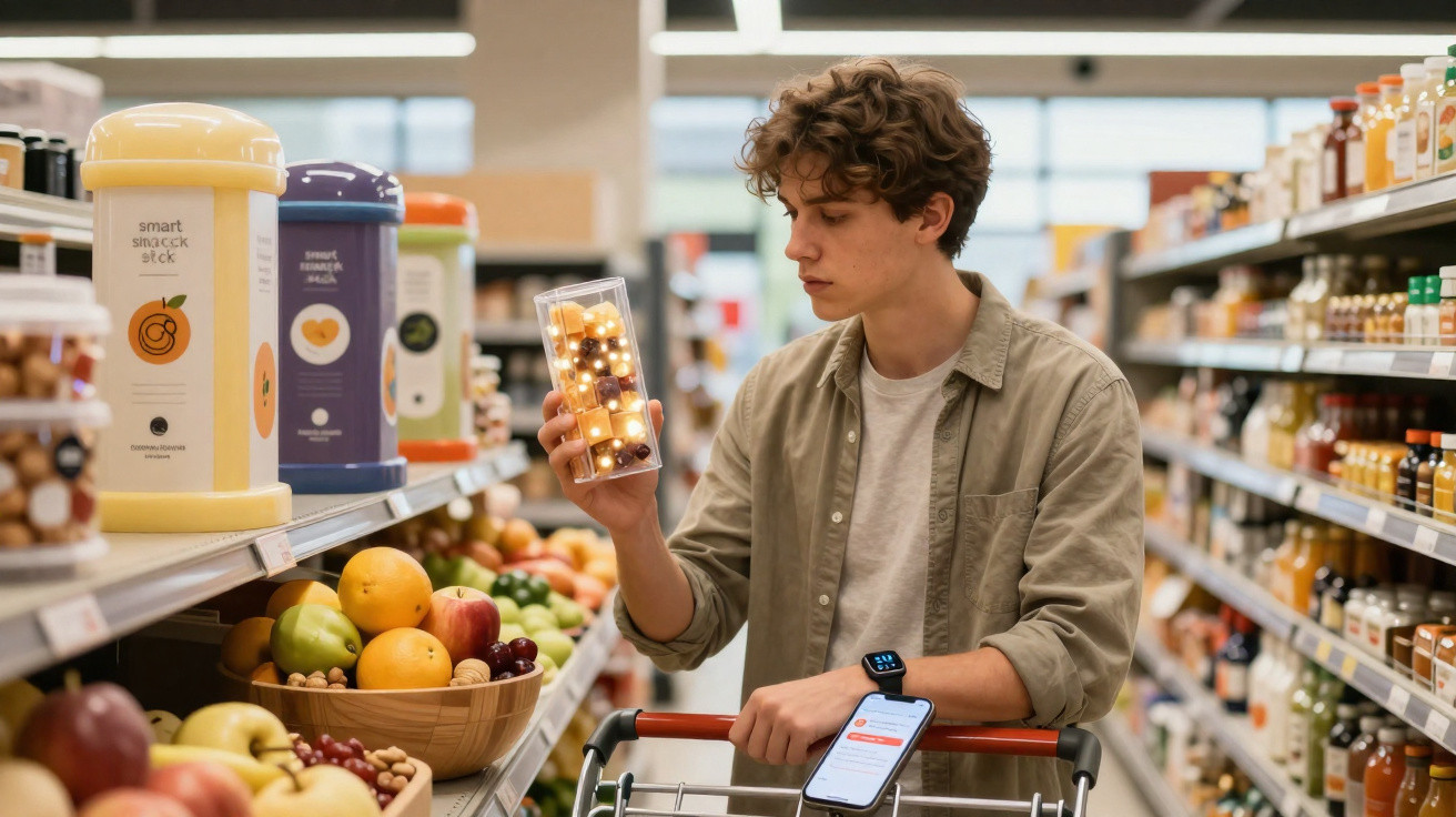 Jovem homem com carrinho de compras olha embalagem de frutas em supermercado bem iluminado.