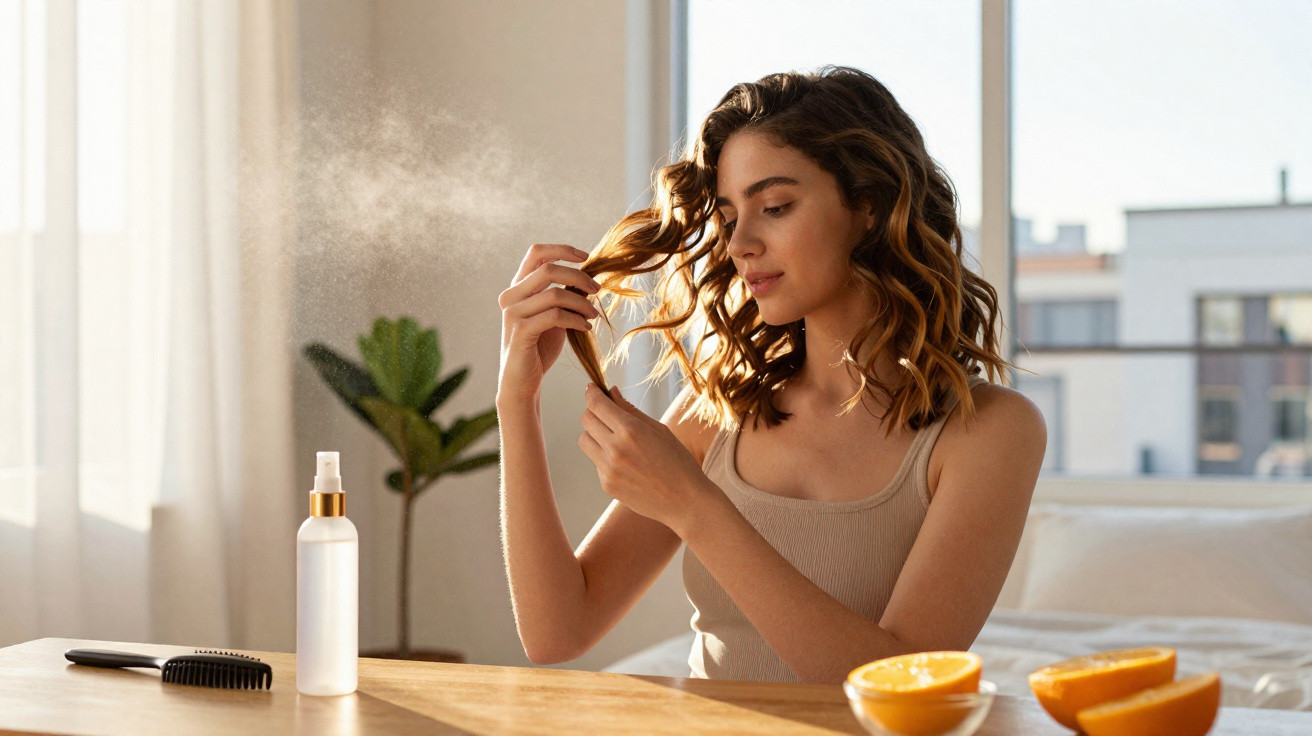 Mulher aplicando spray capilar em cabelo cacheado em ambiente claro com mesa, escova e frutas.