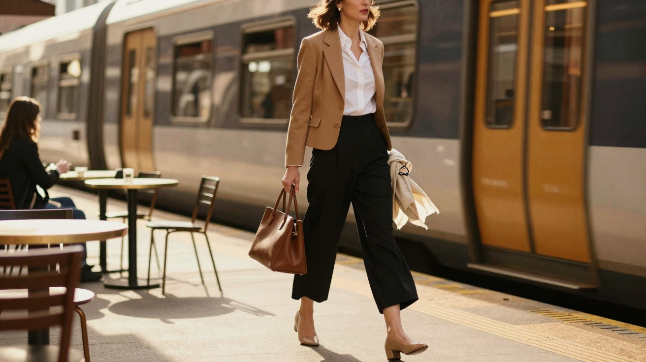 Mulher elegante caminhando na plataforma da estação de trem com bolsa marrom e blazer bege.