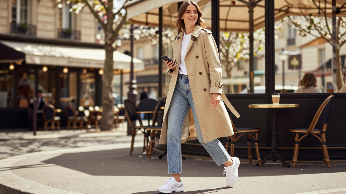 Mulher sorrindo com casaco bege, camiseta branca, jeans e tênis brancos caminhando em calçada urbana com celular na mão.