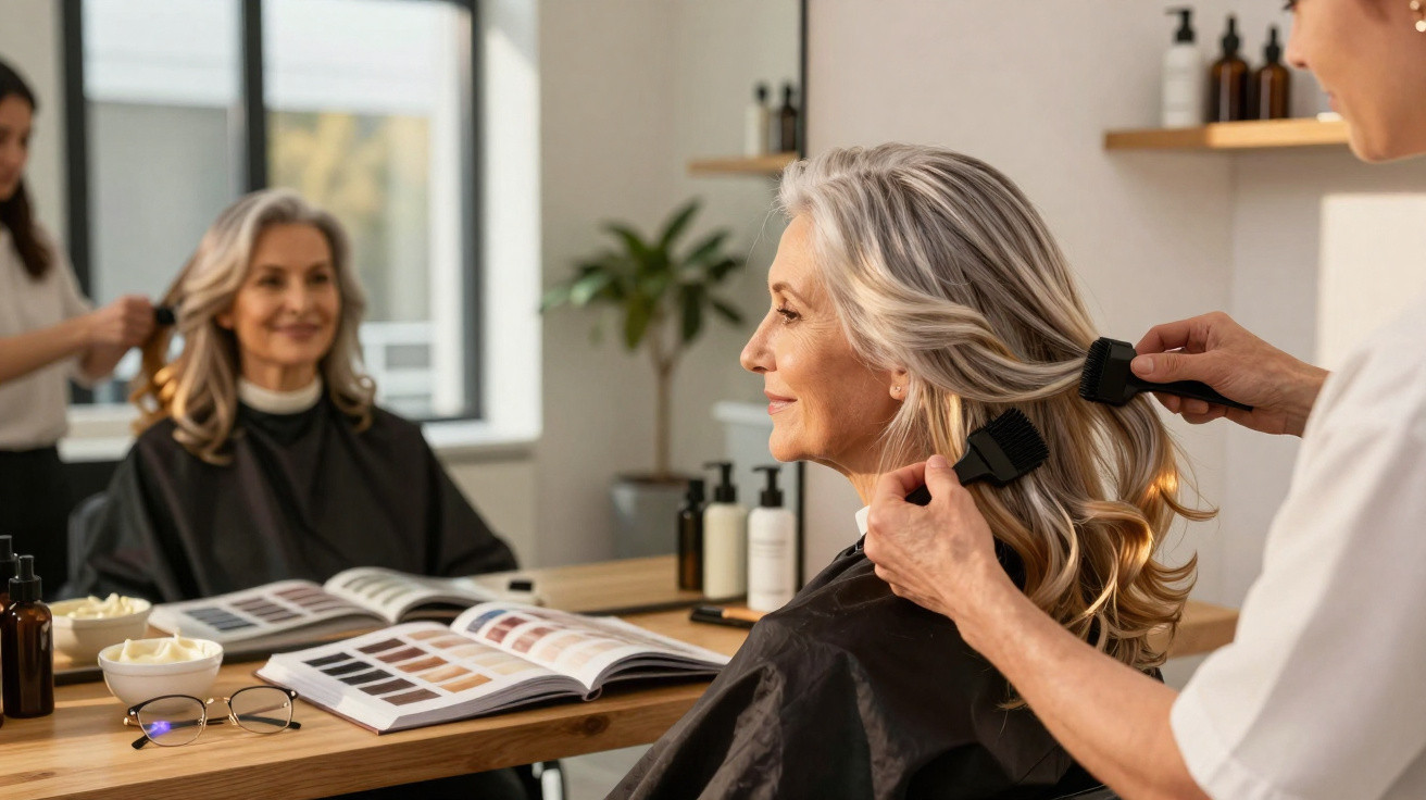 Mulher madura no salão de beleza tendo o cabelo penteado por cabeleireiro, olhando no espelho.
