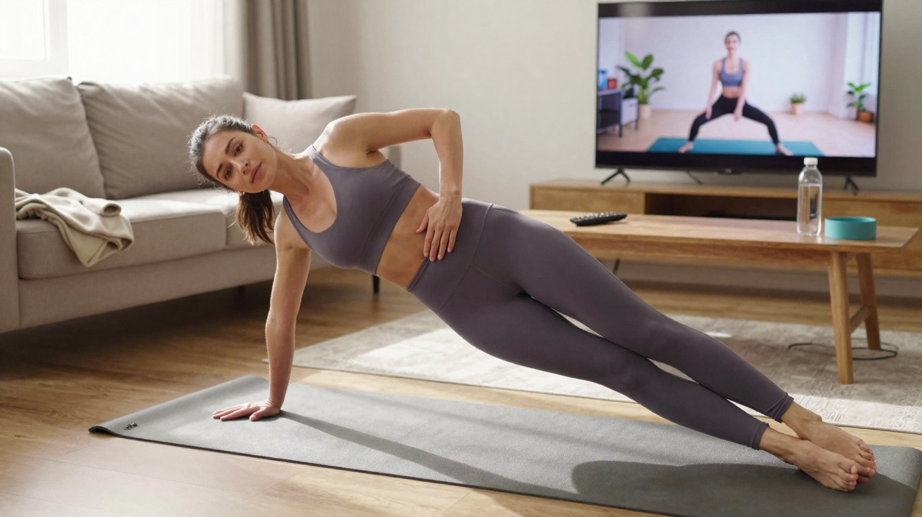 Mulher em roupa de ginástica faz prancha lateral em tapete de yoga na sala com aula online na TV.