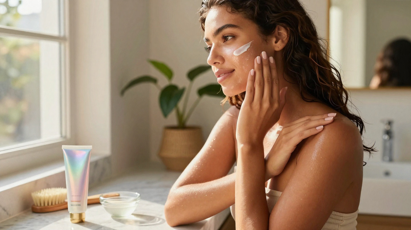 Mulher aplica creme facial, sentada perto da janela em ambiente claro e decorado com planta.