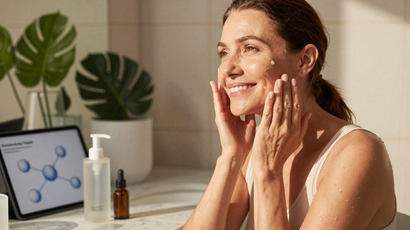 Mulher sorrindo aplicando creme hidratante no rosto em banheiro iluminado, com plantas e produtos de skincare ao fundo.