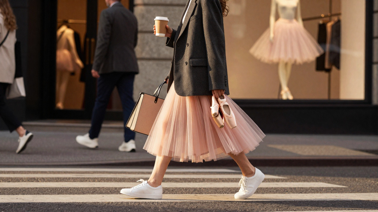 Mulher com saia rosa plissada e blazer cinza caminhando na faixa de pedestres, segurando sapatilhas e café.