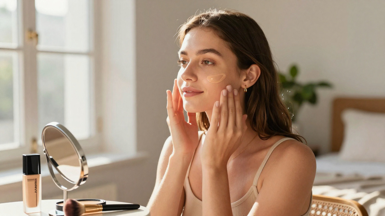 Mulher aplicando creme facial ao se olhar no espelho em ambiente claro e acolhedor.