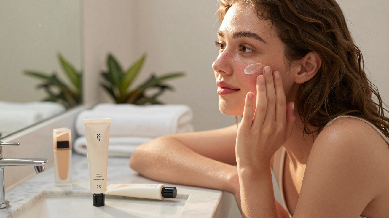 Mulher aplica creme facial em um banheiro iluminado, com produtos de skincare na pia.