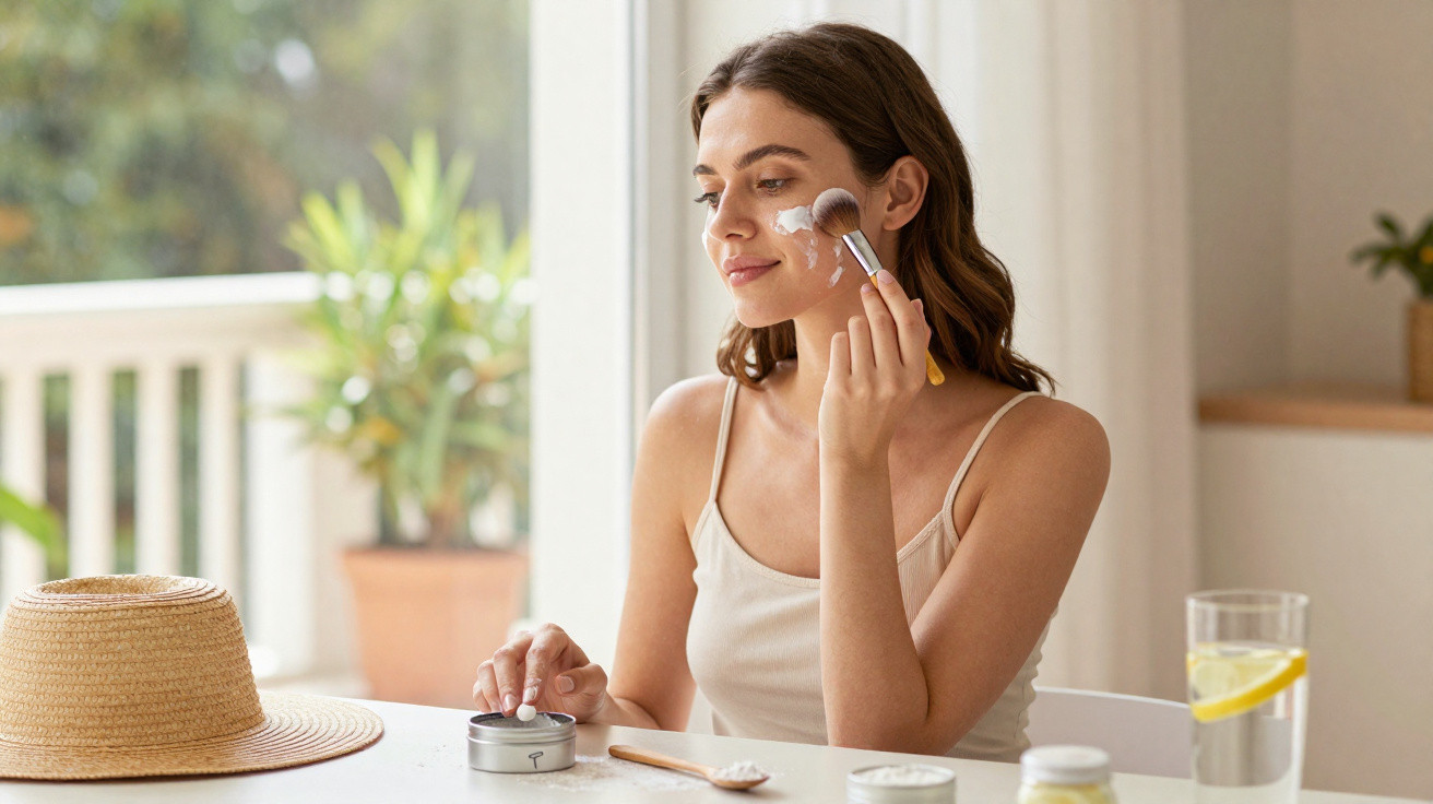 Mulher aplicando creme no rosto com pincel, sentada à mesa clara com chapéu e copo de água com limão.
