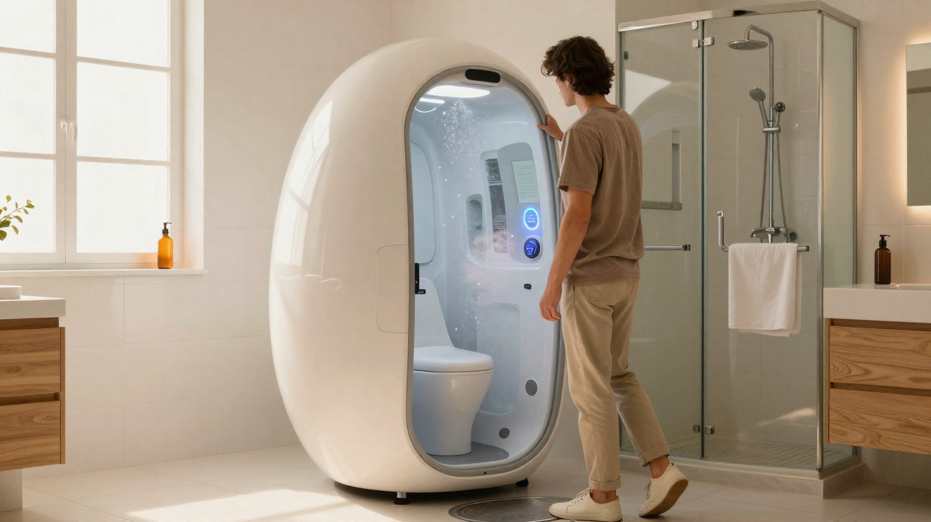 Homem de pé ao lado de cápsula de banheiro futurista em banheiro moderno e iluminado.
