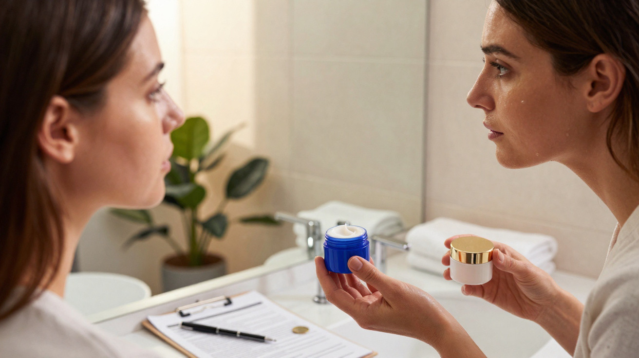 Mulher analisando a pele no banheiro enquanto segura potes de creme facial diante do espelho.