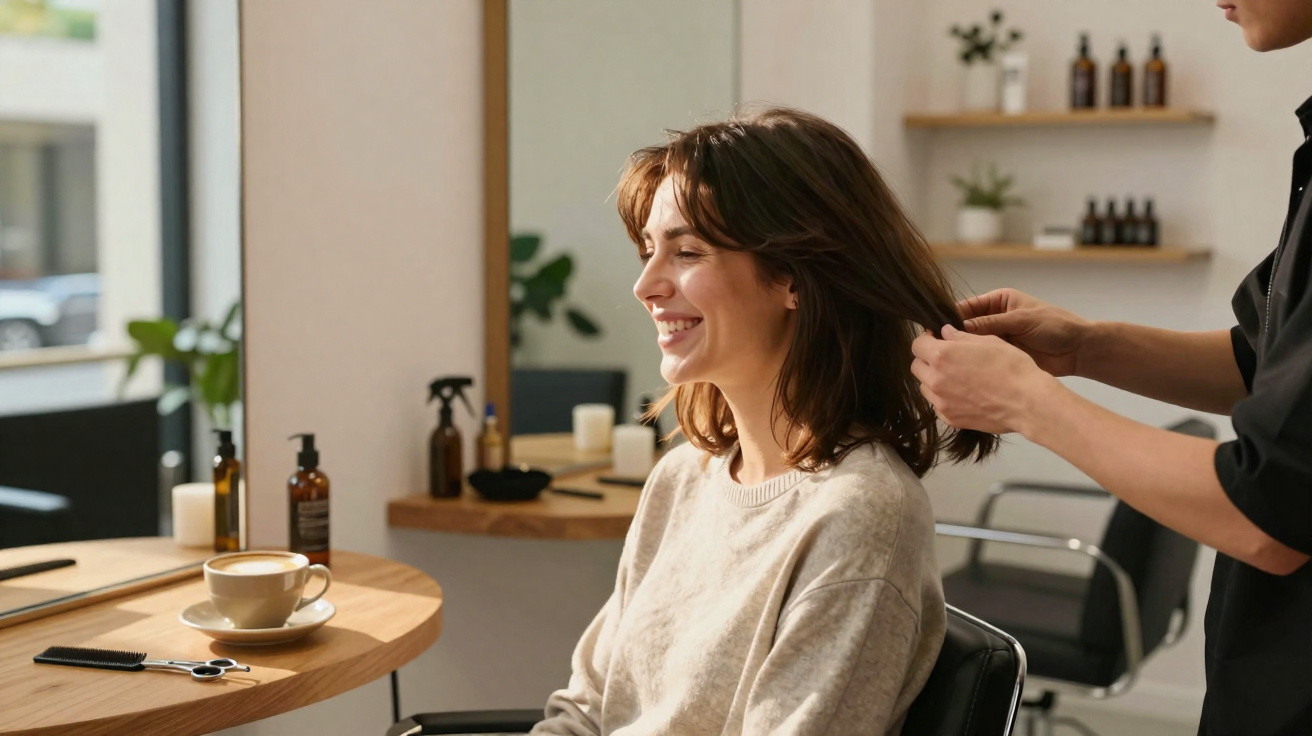 Mulher sorridente recebendo corte de cabelo em salão com xícara de café sobre a mesa próxima.