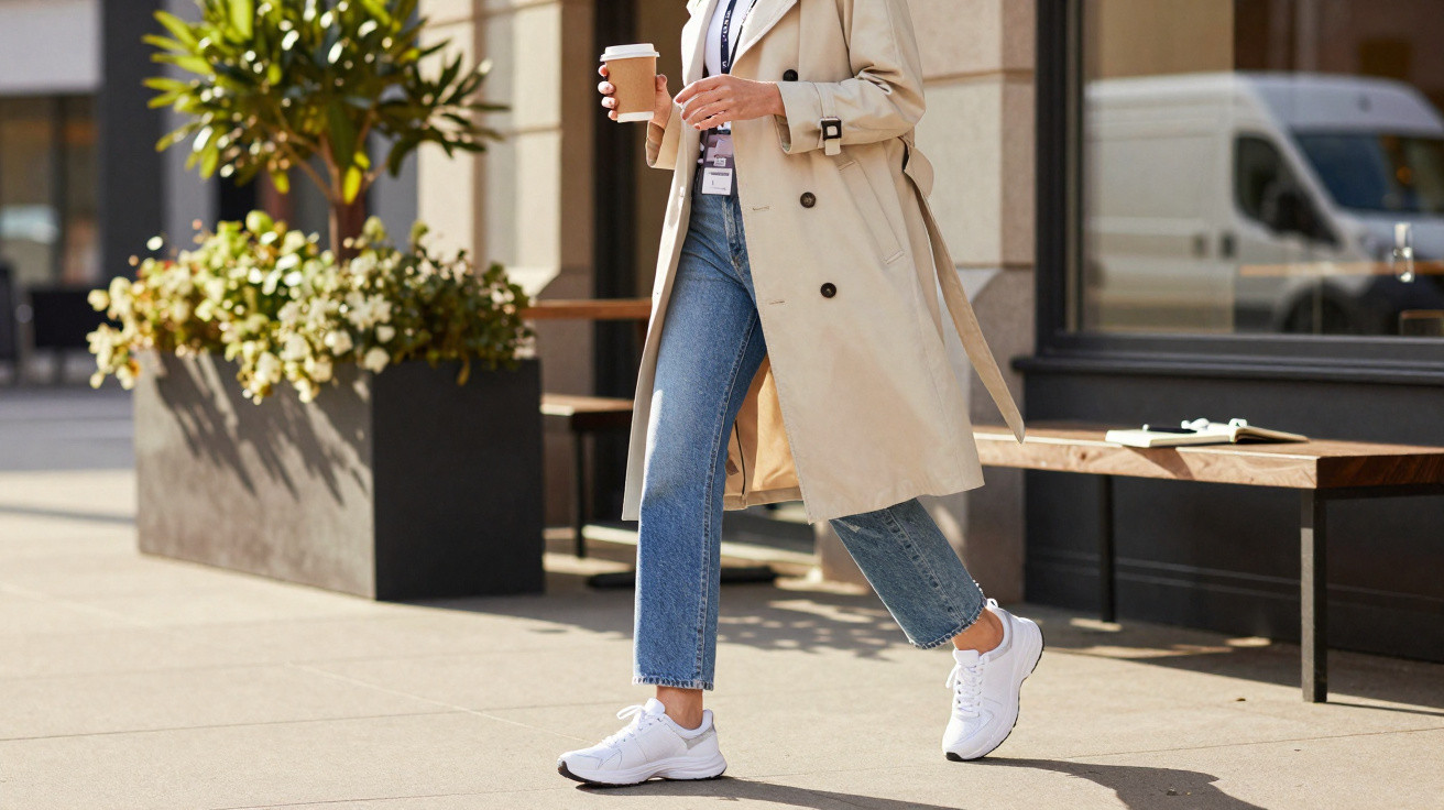 Pessoa vestindo sobretudo bege, calça jeans e tênis branco caminhando com café na mão em calçada urbana.