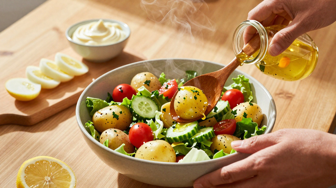 Salada com batatas, tomates, pepinos e alface, azeite sendo derramado por cima em uma tigela cinza.