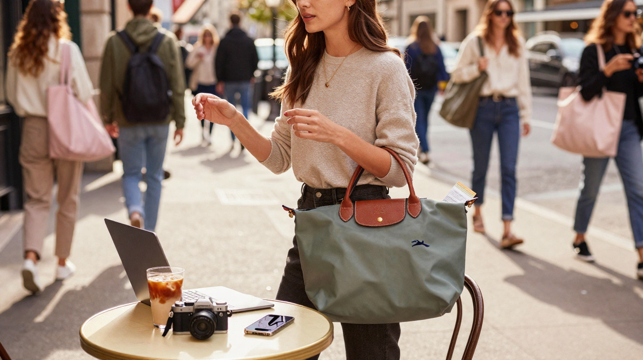 Mulher em roupa casual segurando bolsa verde ao lado de mesa com laptop, câmera, celular e café na calçada.