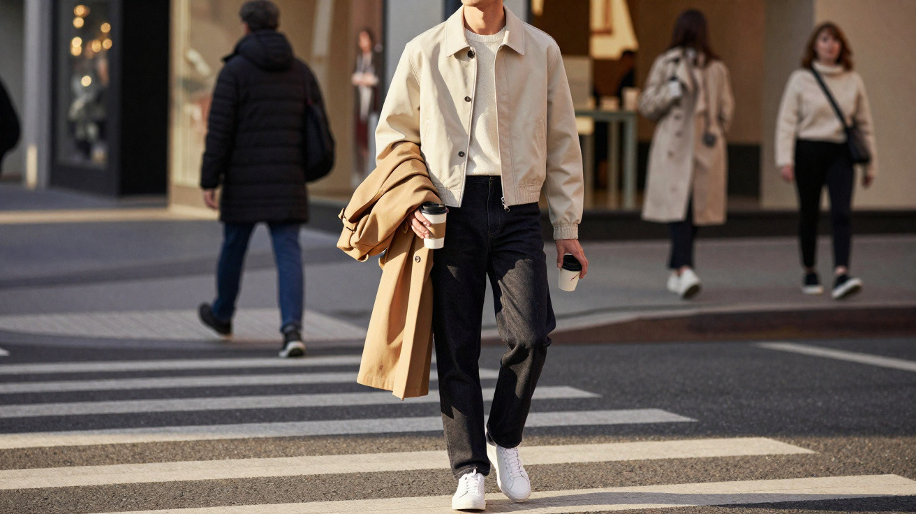 Pessoa veste jaqueta bege, calça preta e tênis branco, atravessando faixa de pedestres segurando copos.