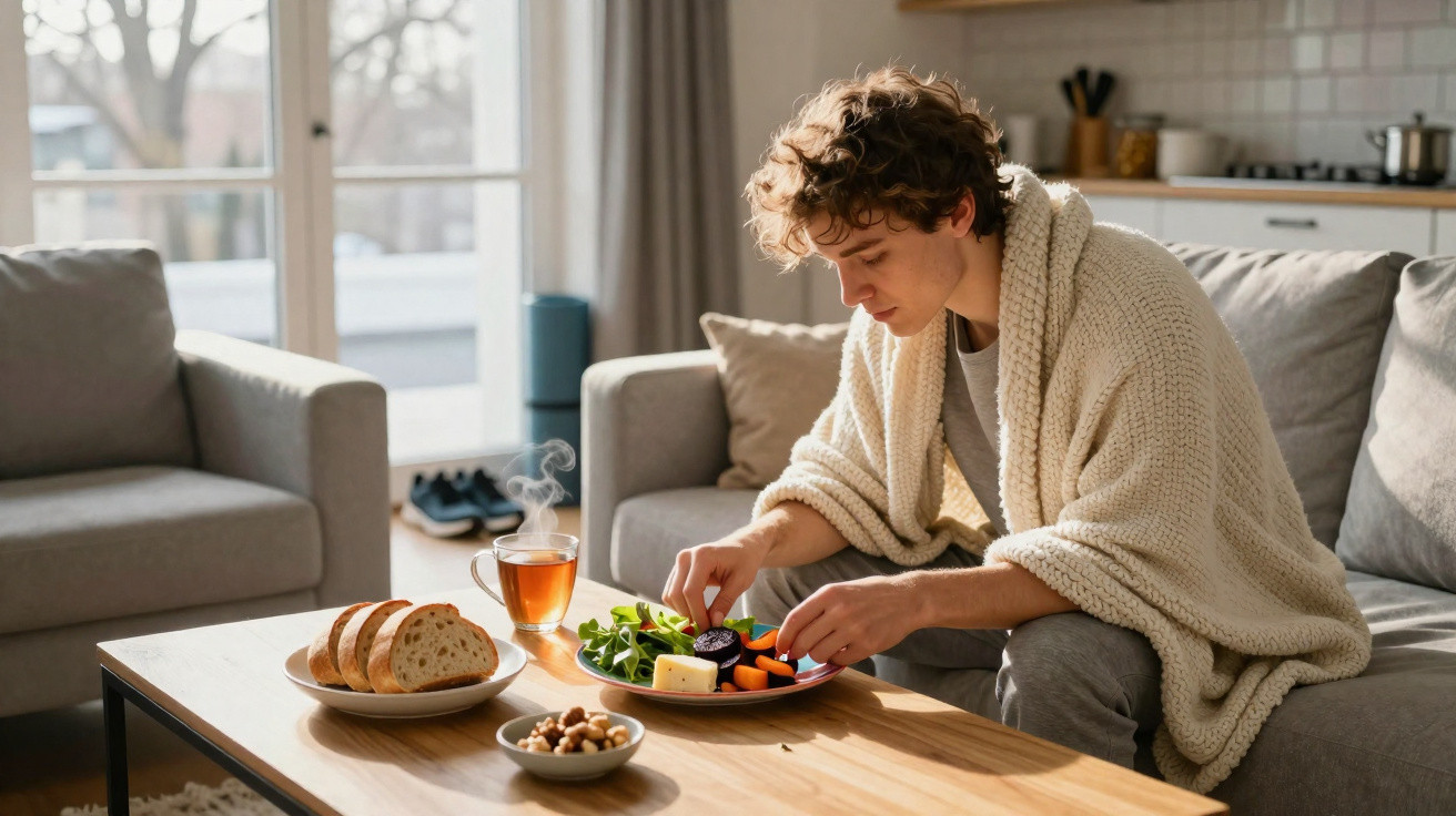 Jovem com cobertor na sala preparando prato com salada, queijo, nozes, pão e chá quente na mesa.