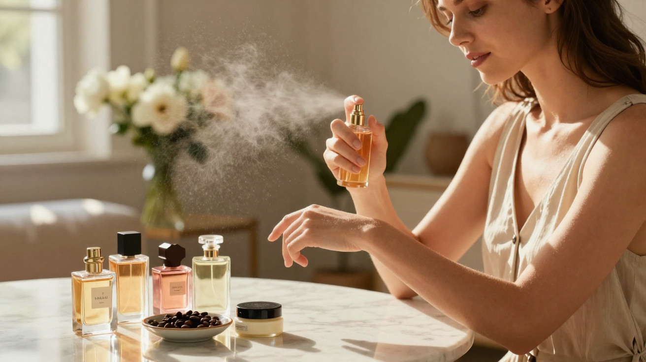 Mulher aplicando perfume em seu pulso sentada à mesa com frascos de perfume e creme à sua frente.