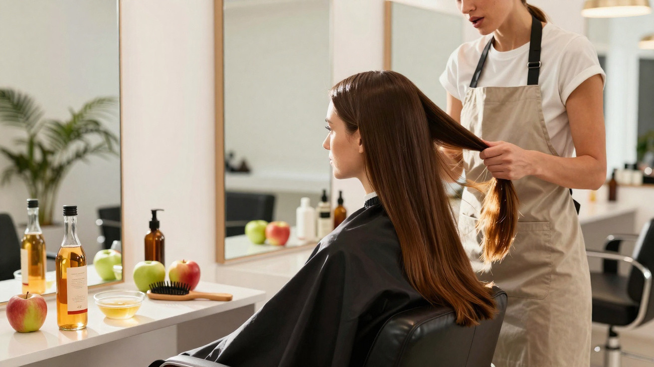 Mulher em salão de beleza recebendo tratamento capilar enquanto profissional segura seu cabelo longo.