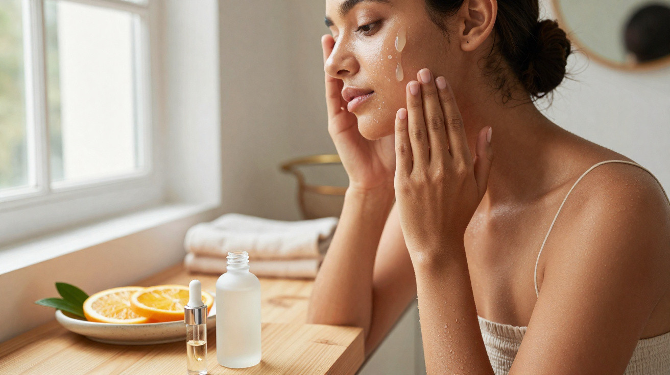 Mulher aplicando sérum facial ao lado de janela com prato de laranja e frascos sobre a mesa de madeira.