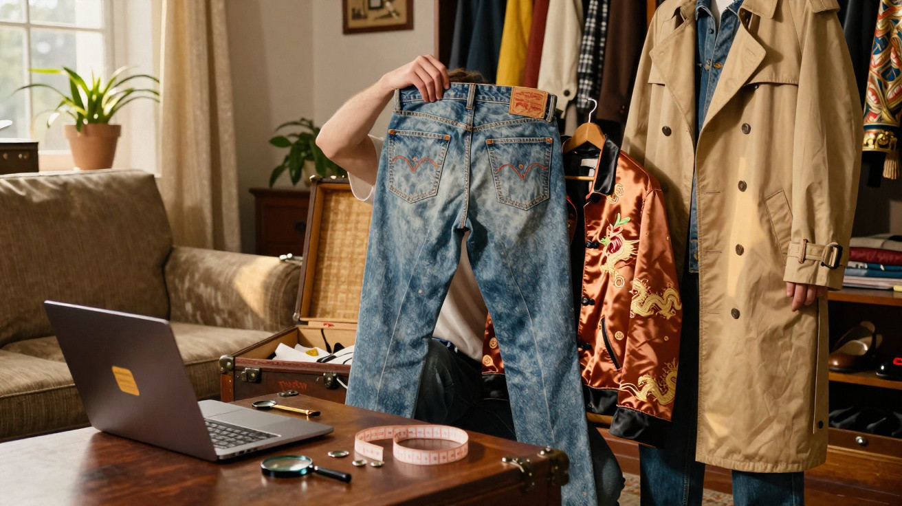 Pessoa segurando calça jeans em ambiente com roupas penduradas e mesa com laptop e fita métrica.