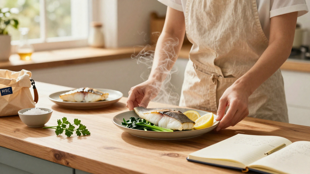 Pessoa servindo prato com peixe grelhado, espinafre e fatias de limão em cozinha iluminada.