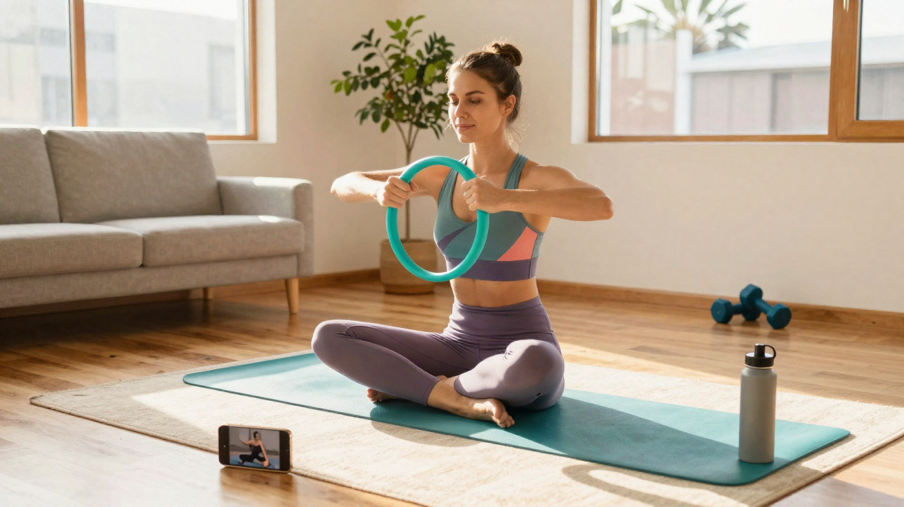 Mulher vestindo roupas de ginástica sentada em tapete, fazendo exercício com aro, perto de celular e halteres.