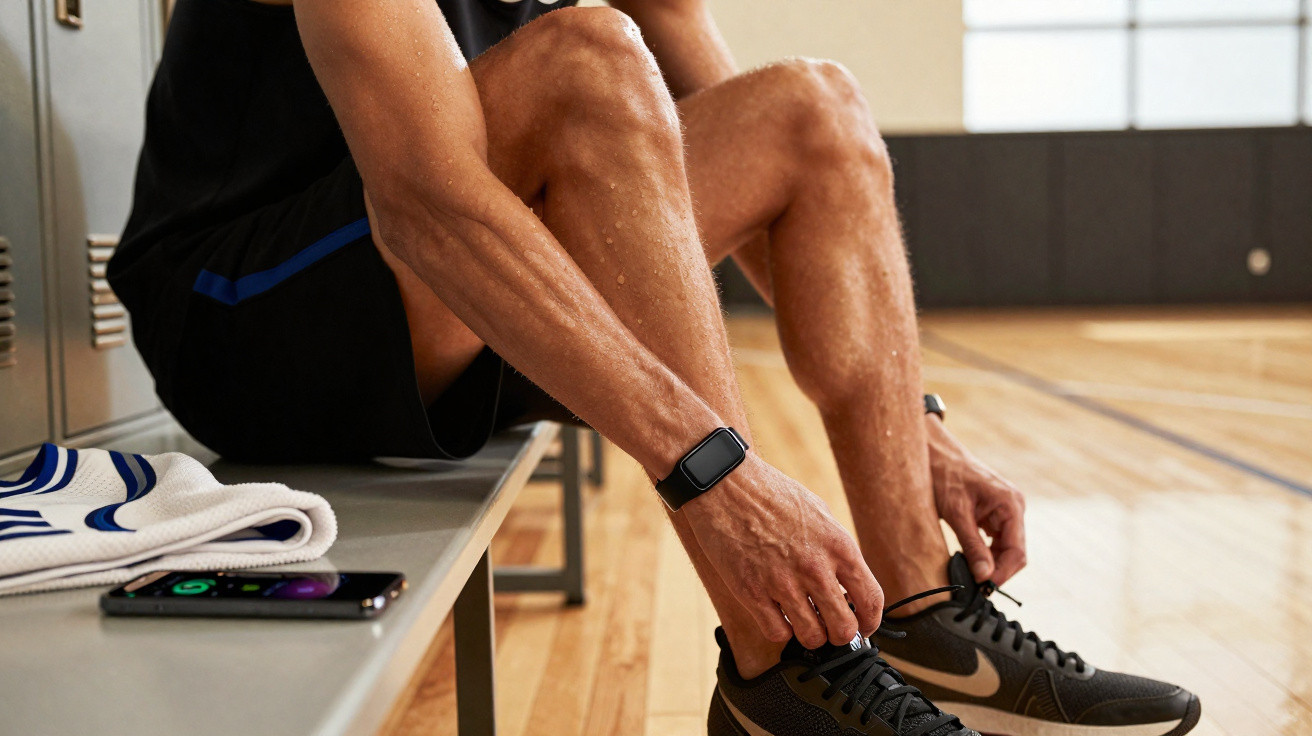 Homem amarrando tênis preto em vestiário de quadra esportiva, usando smartwatch no pulso.