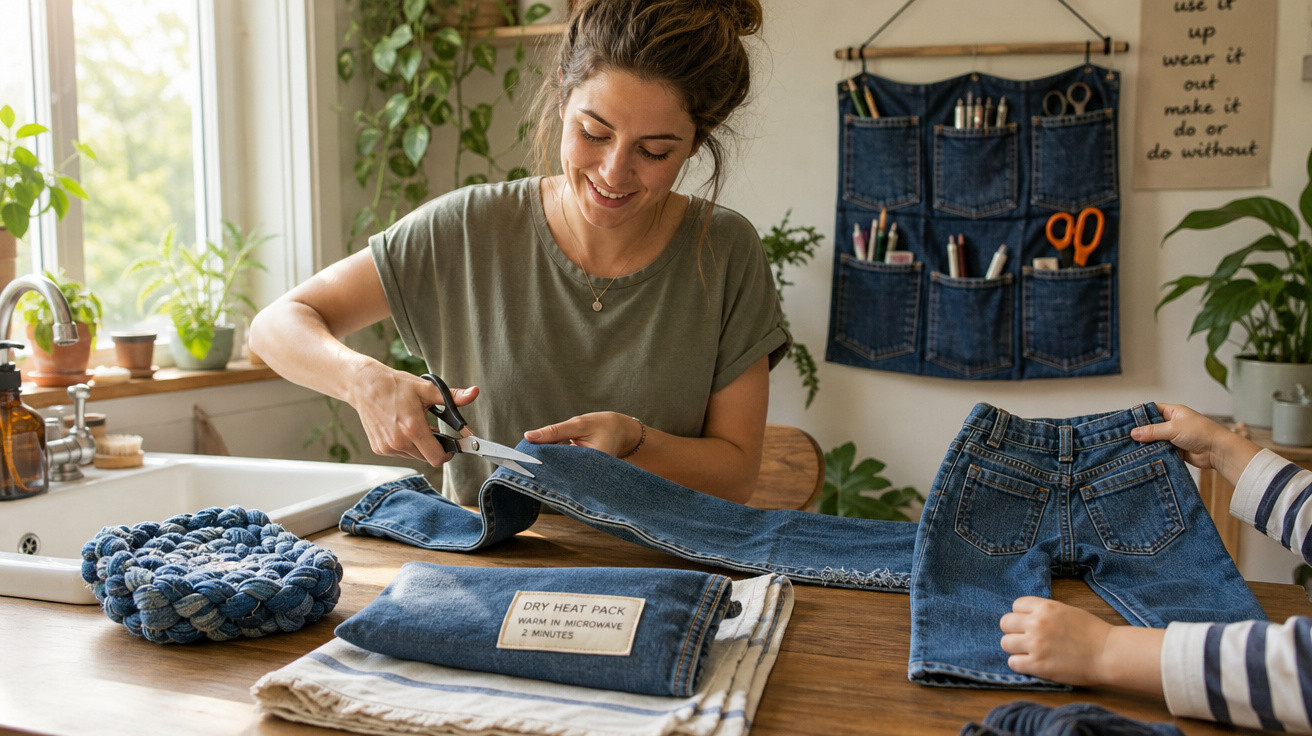 Mulher sorridente corta tecido jeans sobre mesa enquanto outra segura calça jeans azul.