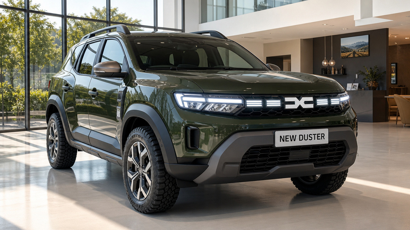 SUV verde militar Duster 2024 em destaque dentro de showroom moderno e iluminado.