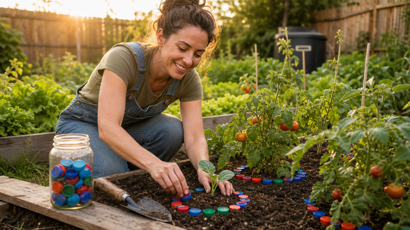 Mulher sorridente jardinando, usando tampinhas coloridas para decorar o canteiro de plantas ao pôr do sol.