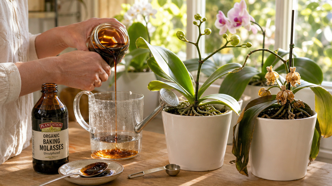 Pessoa despejando melaço orgânico em regador transparente ao lado de orquídeas em vasos brancos