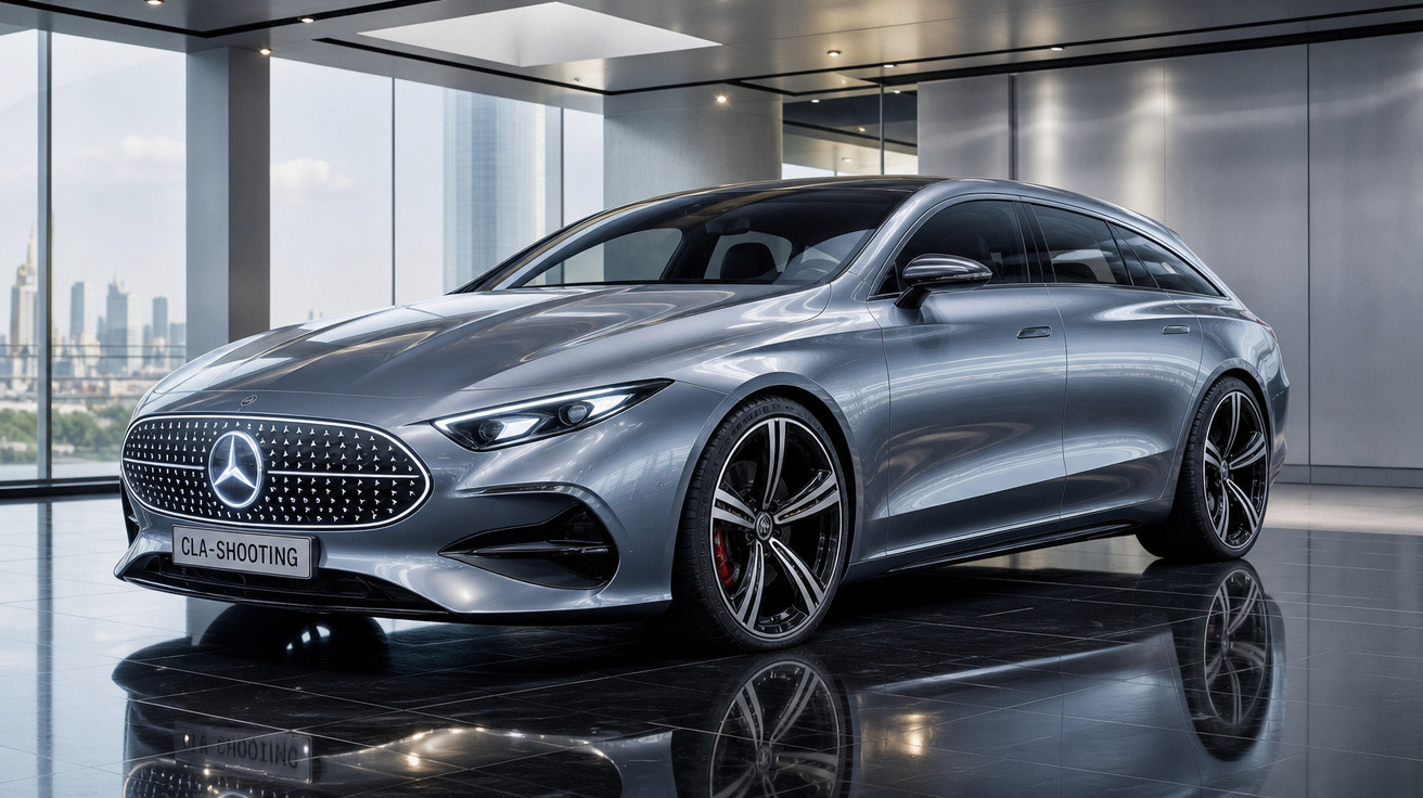 Carro prata moderno Mercedes-Benz CLA Shooting exibido em showroom com reflexo no piso preto brilhante.