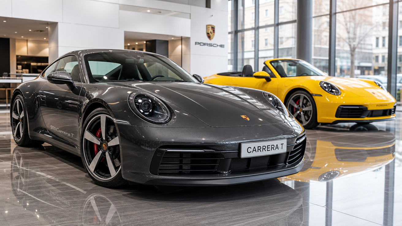 Dois carros esportivos Porsche 911 Carrera T cinza e amarelo em showroom moderno com piso e paredes claras.