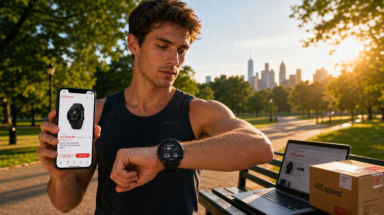 Homem mostra smartwatch no pulso e na tela do celular em parque ao pôr do sol.