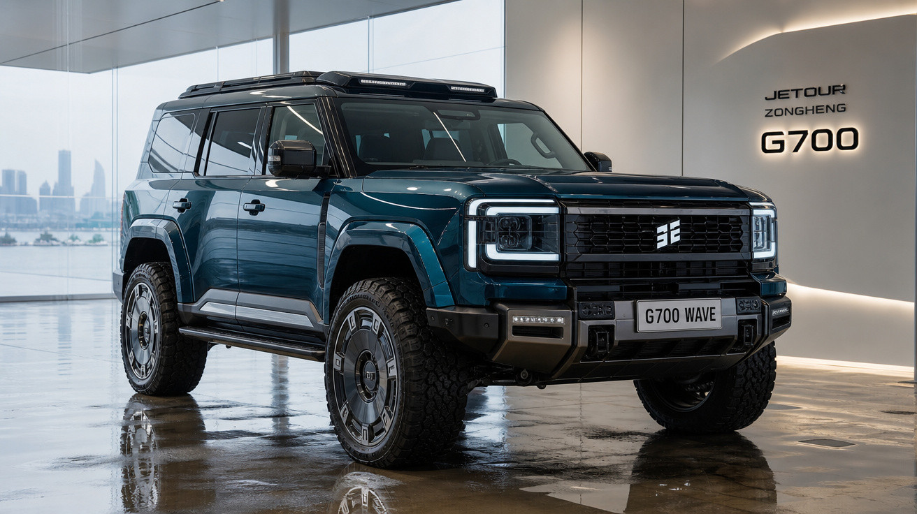 SUV preto-azulado Jetour Zongheng G700 estacionado em ambiente interno moderno com piso refletivo.