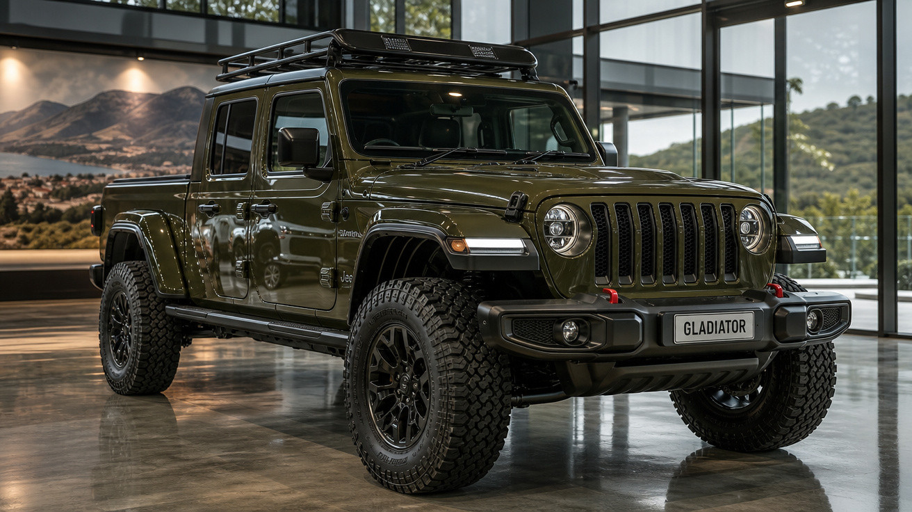Jeep Gladiator verde oliva estacionado em ambiente interno com teto solar e pneus off-road.