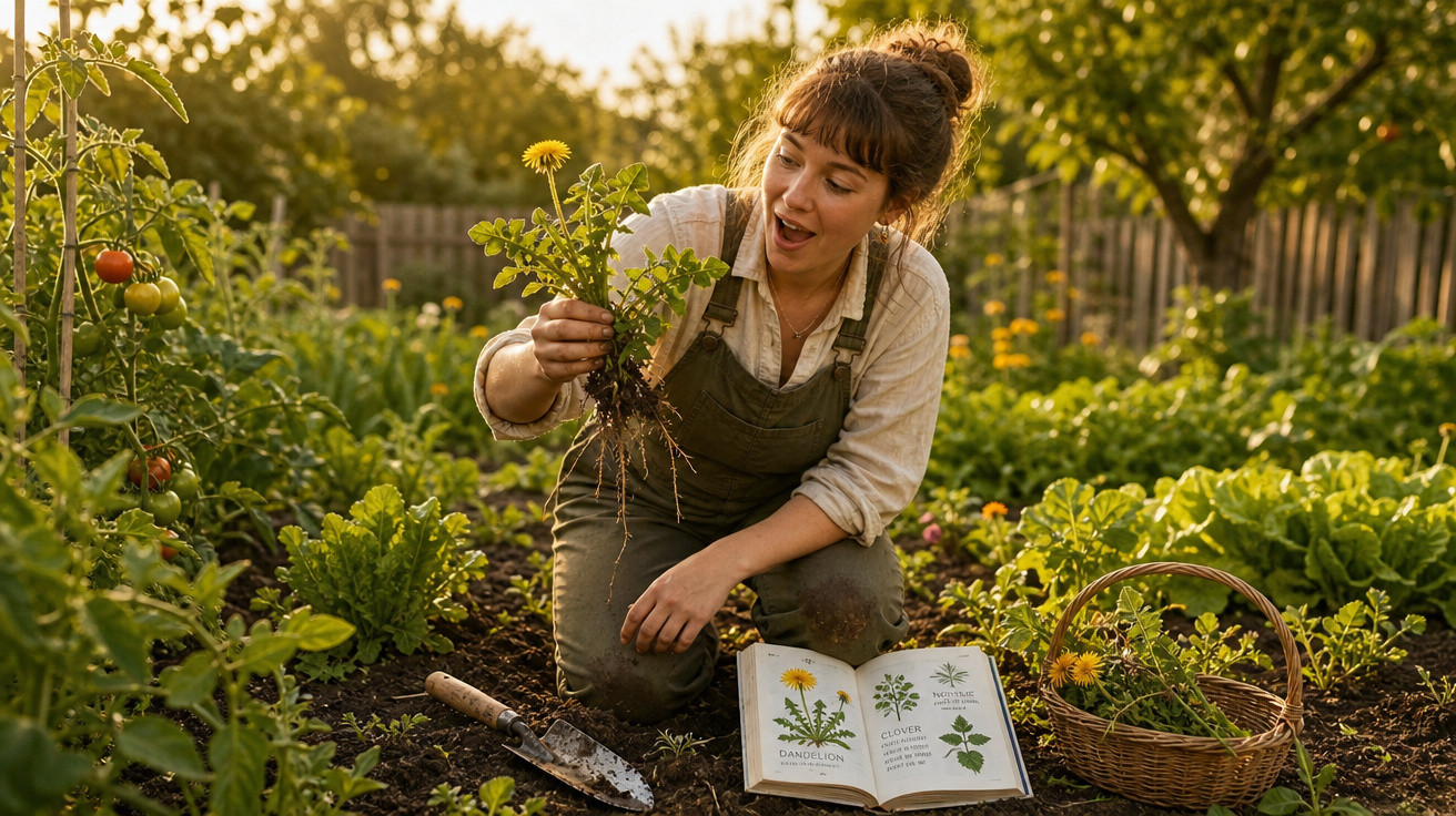 Mulher colhendo dente-de-leão em horta, com livro de plantas aberto e cesta ao lado.