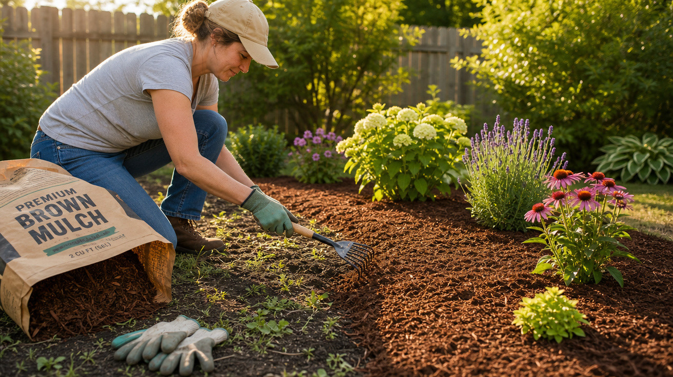 Mulher com luvas e boné aplicando cobertura vegetal marrom em jardim com flores coloridas.