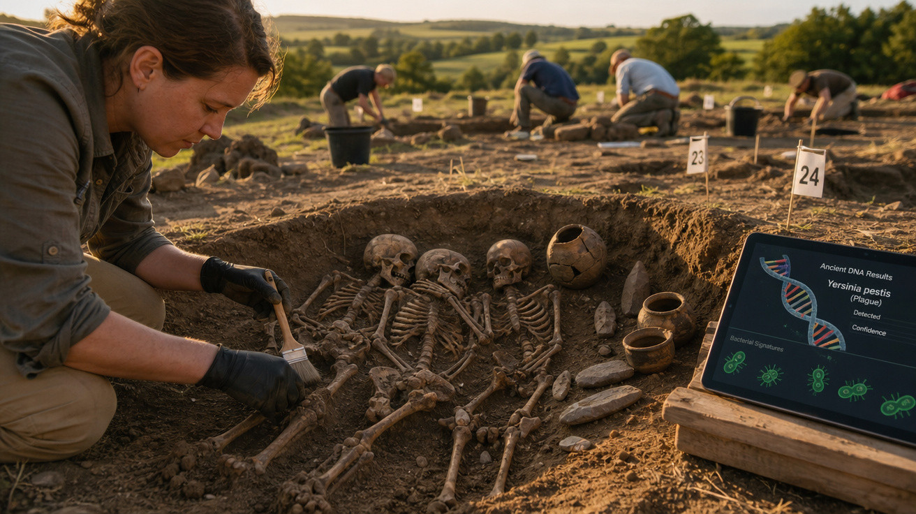 Arqueóloga escava esqueletos humanos em cemitério antigo com análise de DNA em tablet ao lado.