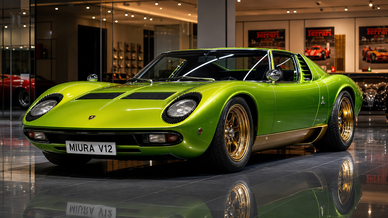 Carro esportivo Lamborghini Miura V12 verde com rodas douradas em showroom iluminado.
