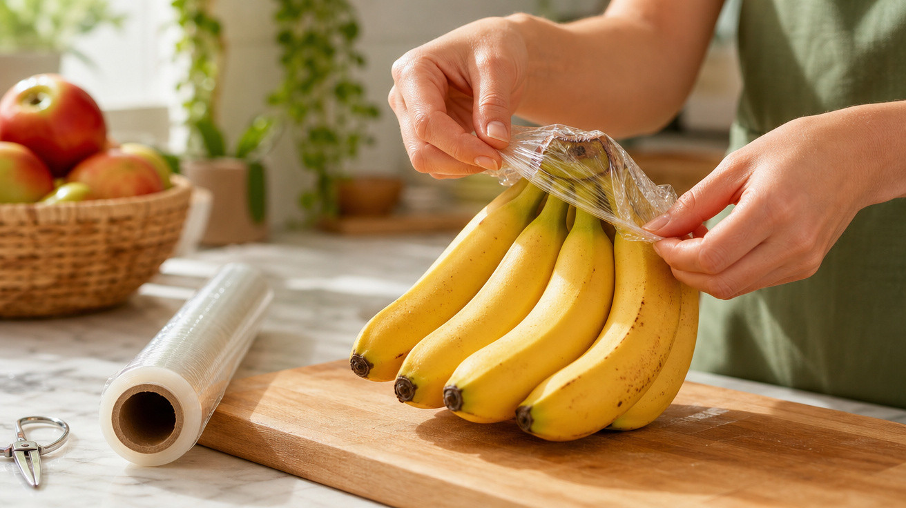 Pessoa cobrindo um cacho de bananas com filme plástico em uma cozinha iluminada.