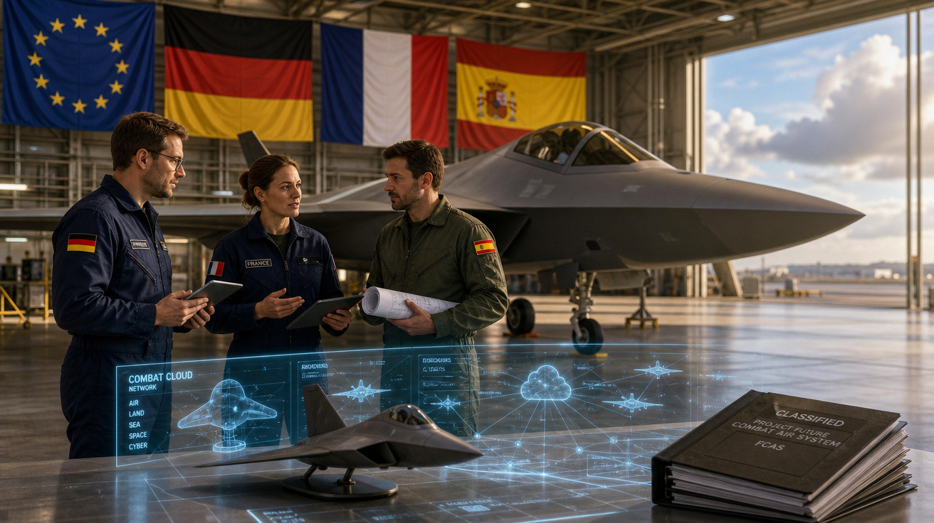 Três militares europeus discutem projeto de caça furtivo em hangar com bandeiras da UE, Alemanha, França e Espanha.