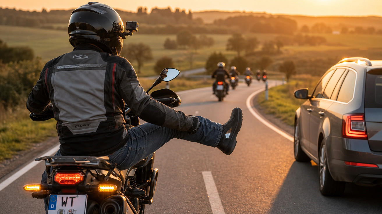 Motociclista com braço estendido e perna levantada em estrada ao pôr do sol, carro ao lado e grupo à frente.