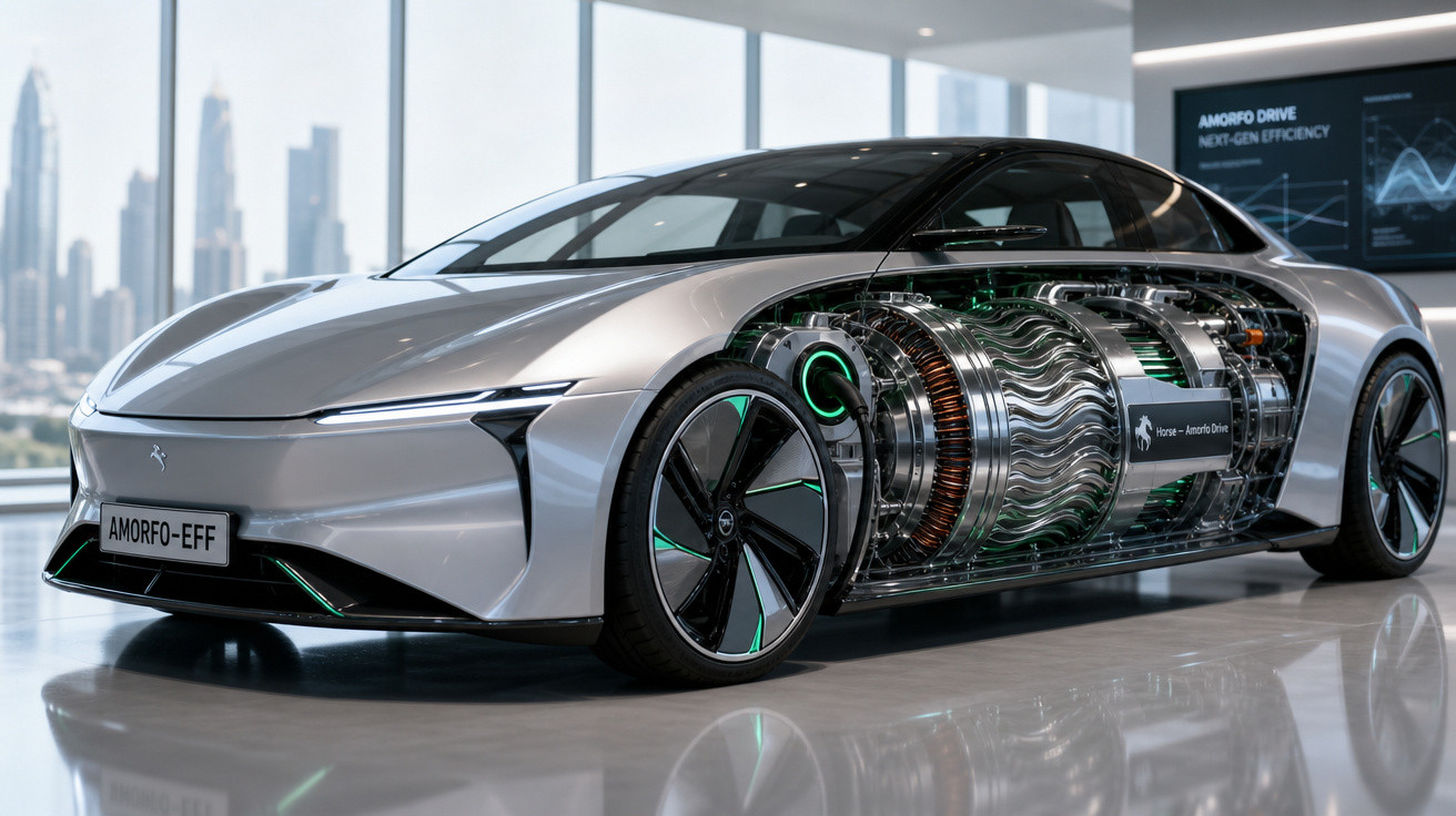 Carro elétrico prata com parte lateral translúcida exibindo motor futurista em ambiente moderno.