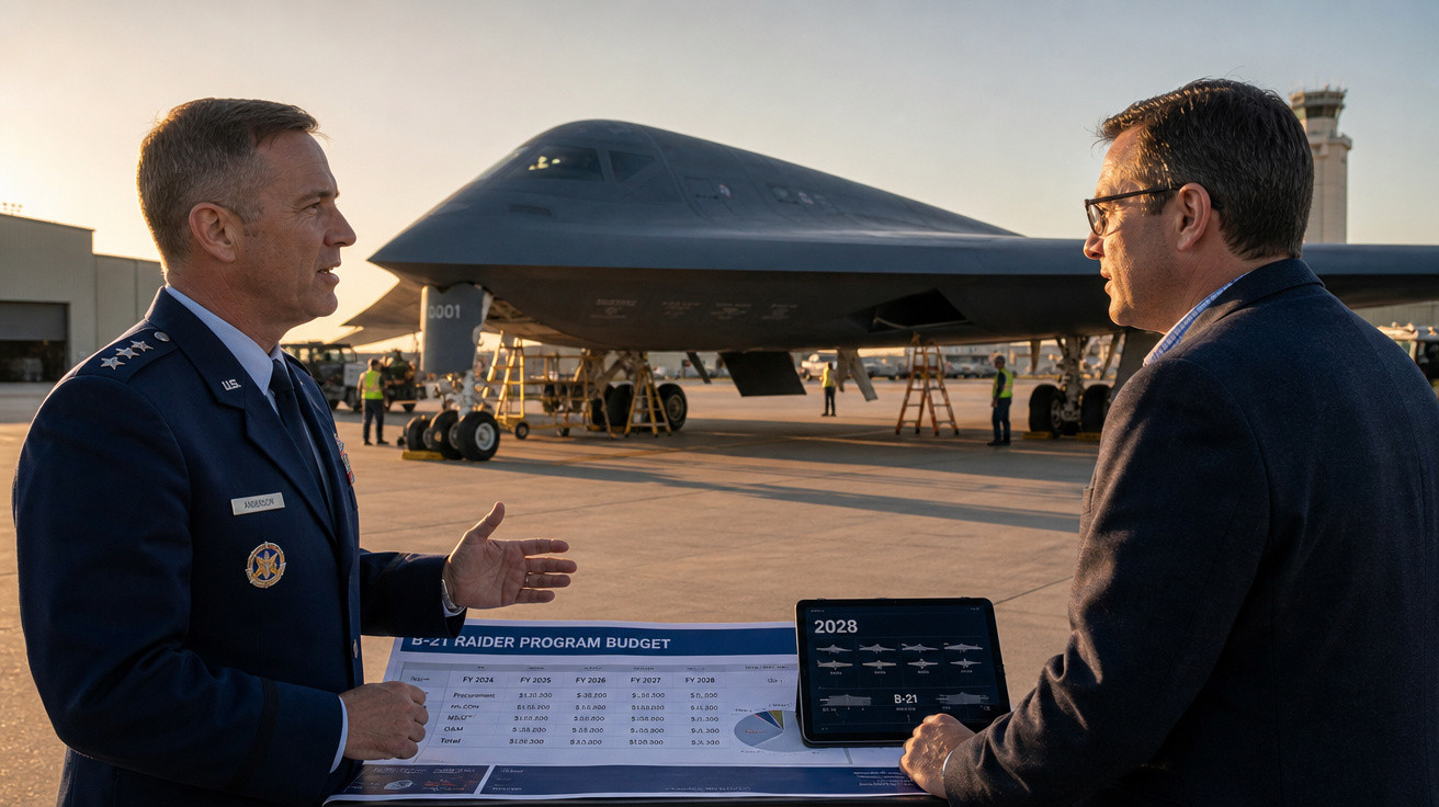 Dois homens conversam em frente a uma aeronave militar furtiva B-21 no pátio de um hangar.