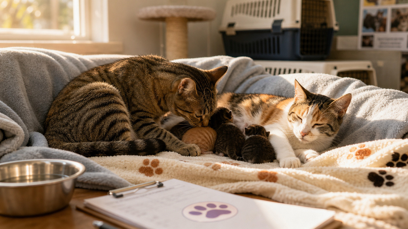Gatos adulto e filhotes descansam em cama macia perto de janela com luz natural, ambiente acolhedor e tranquilo.