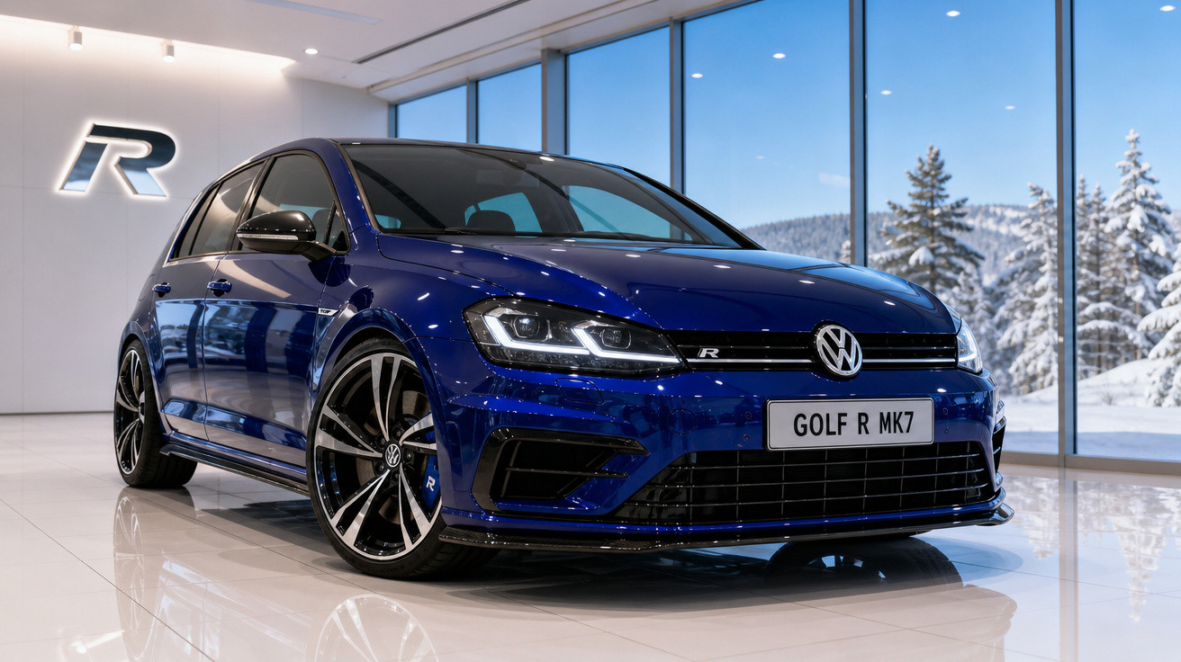Carro Volkswagen Golf R MK7 azul em showroom com piso branco e janelas amplas com vista para neve.