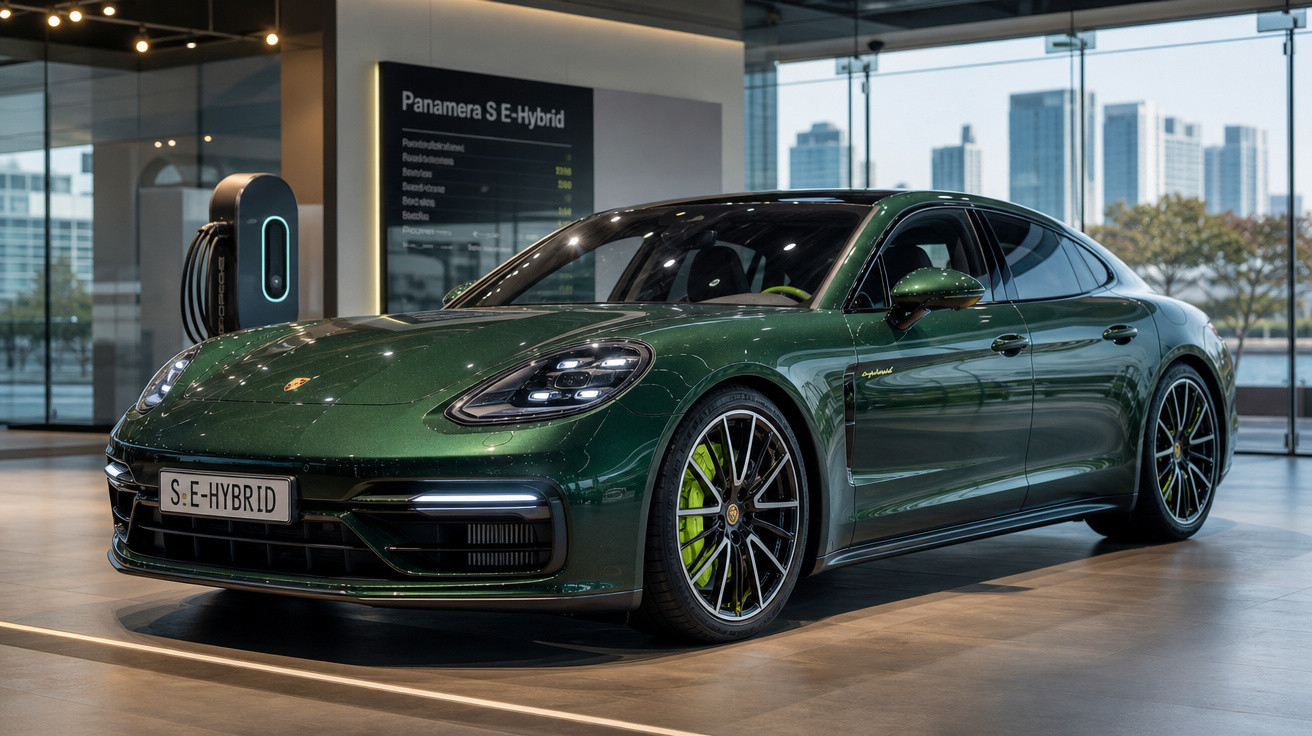 Carro esporte verde Porsche Panamera S E-Hybrid estacionado em showroom moderno com carregador elétrico.