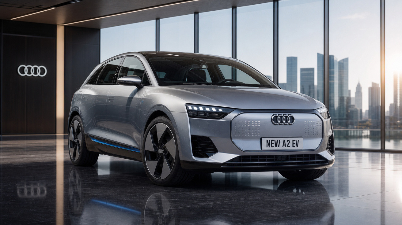 Carro elétrico Audi New A2 EV prateado em showroom moderno com janelas amplas e vista da cidade ao fundo.