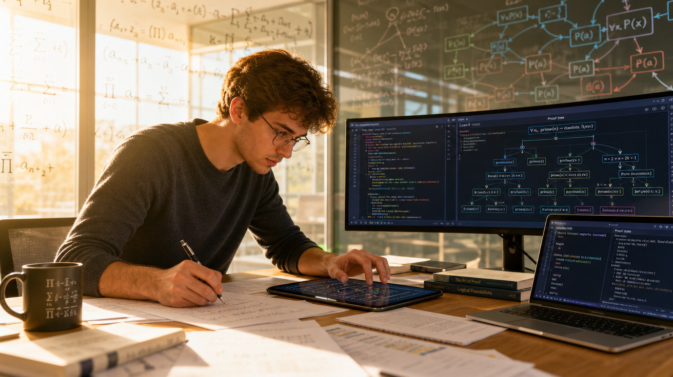 Jovem estudando lógica e programação rodeado de livros, papéis e telas com códigos e diagramas.